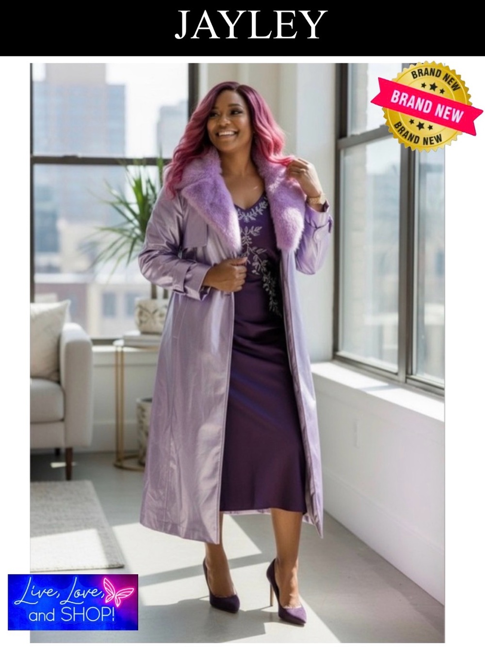 JAYLEY Lilac Faux Leather Metallic Maxi Trench w/Removable Faux Fur & Belt